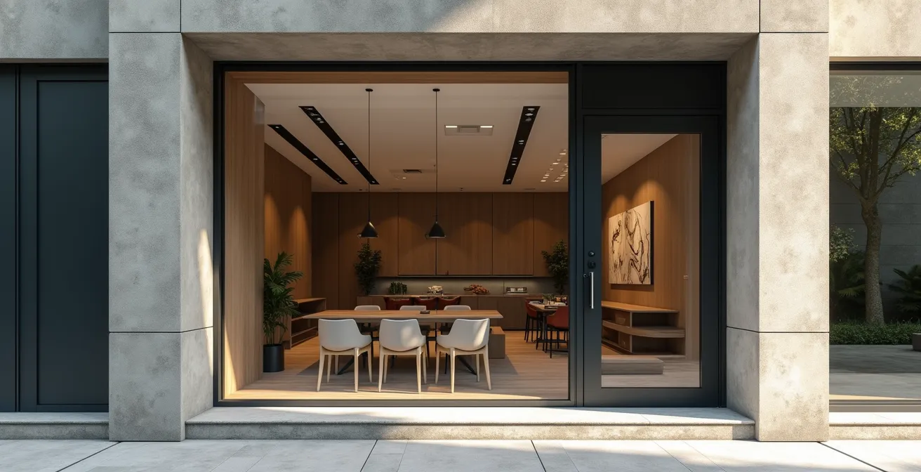 Vue architecturale contemporaine d'une agence immobilière moderne à Bulle avec façade vitrée, éclairage naturel doux et espace vide contrôlé