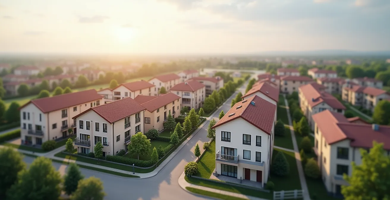 Vue de différents types de biens immobiliers à Bulle (appartements, maisons, locaux commerciaux) avec éclairage naturel et composition harmonieuse
