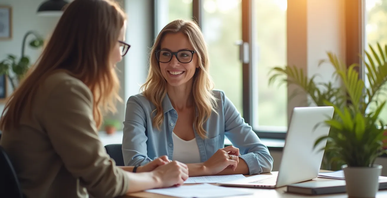 Photographie d'une discussion chaleureuse entre un agent immobilier et un client dans un espace lumineux et moderne