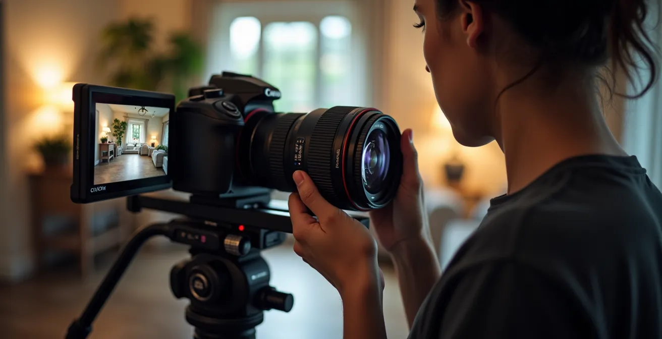 Scène photographique montrant une séance photo immobilière professionnelle avec équipement haut de gamme et composition soignée