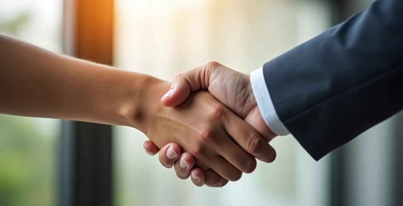 Vue rapprochée d'une poignée de main ferme entre un agent immobilier et un client dans un bureau lumineux