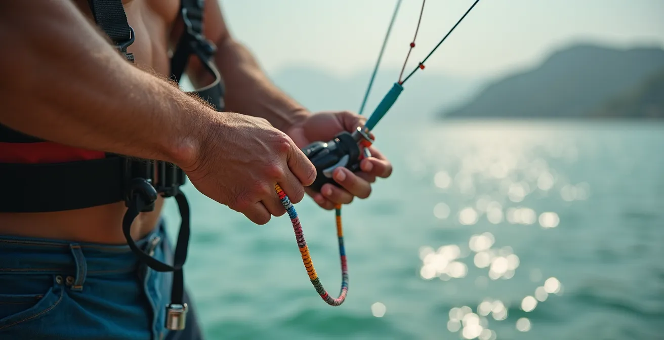 Plan serré sur des mains ajustant une voile de kitesurf avec la lagune en arrière-plan