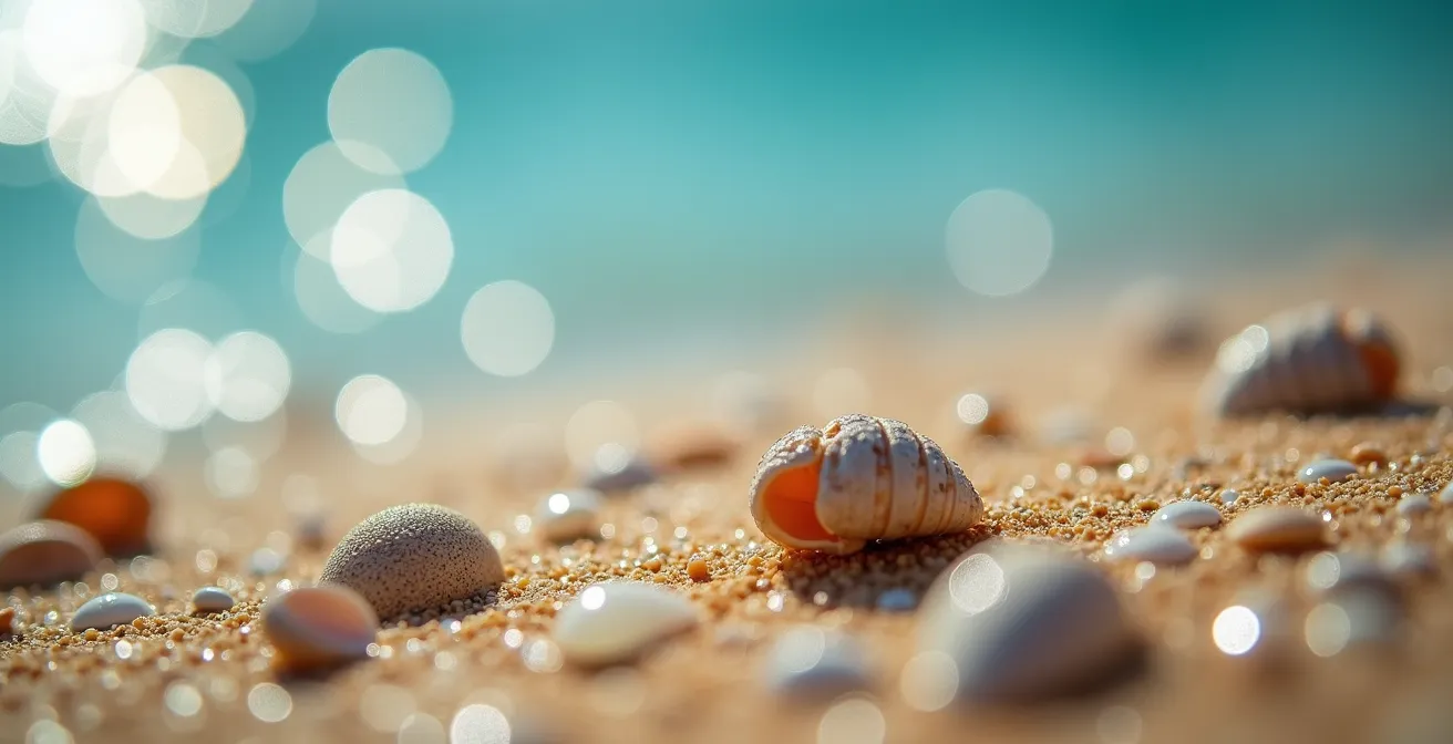 Vue macro sur le sable fin avec coquillages et reflets de lumière