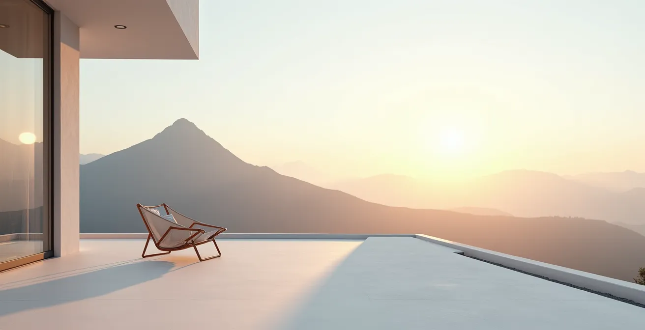 Vue environnementale d'une terrasse minimaliste avec vue sur le mont Canigou