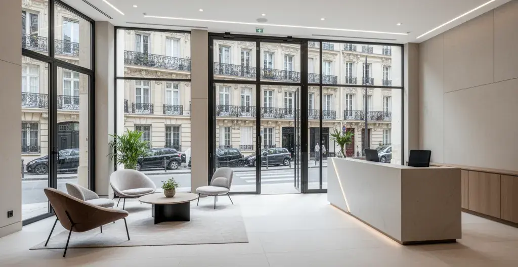 Espace d'accueil moderne d'une agence immobilière de prestige avec baie vitrée