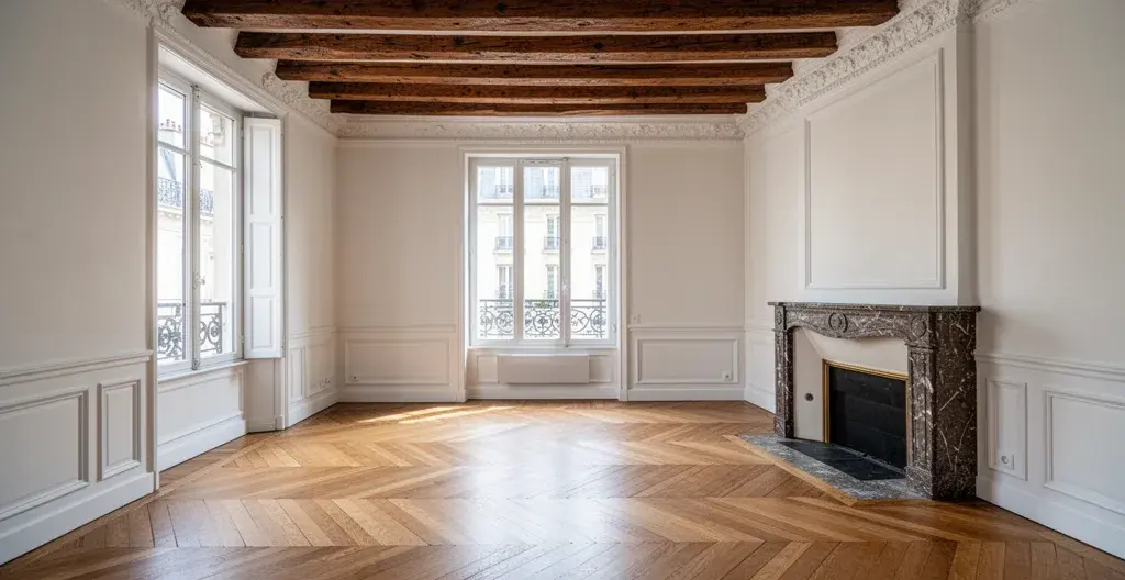 Intérieur appartement parisien avec parquet chevrons et lumière naturelle estimation immobilière