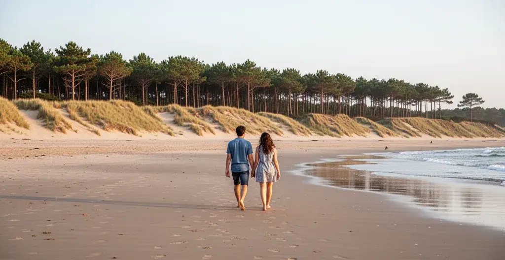 Vue panoramique investissement côte landaise avec couple marchant sur plage et forêt pins