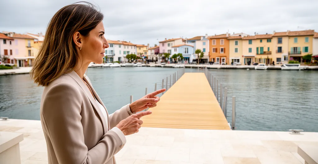 Agent immobilier montrant l'accès au ponton depuis une terrasse à Port Grimaud