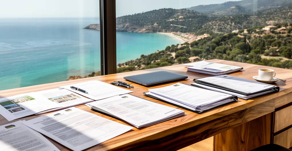 Bureau d'agence immobilière avec documents et vue sur environnement méditerranéen