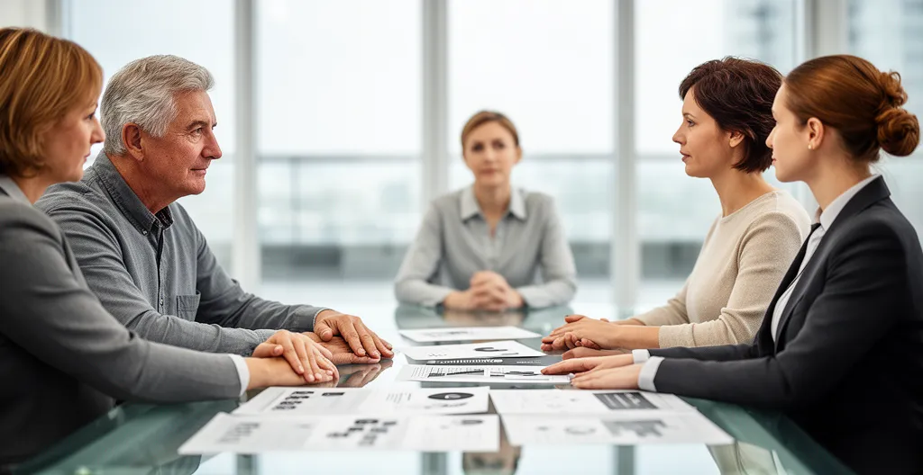 Couple en discussion avec conseillère immobilière dans un bureau lumineux