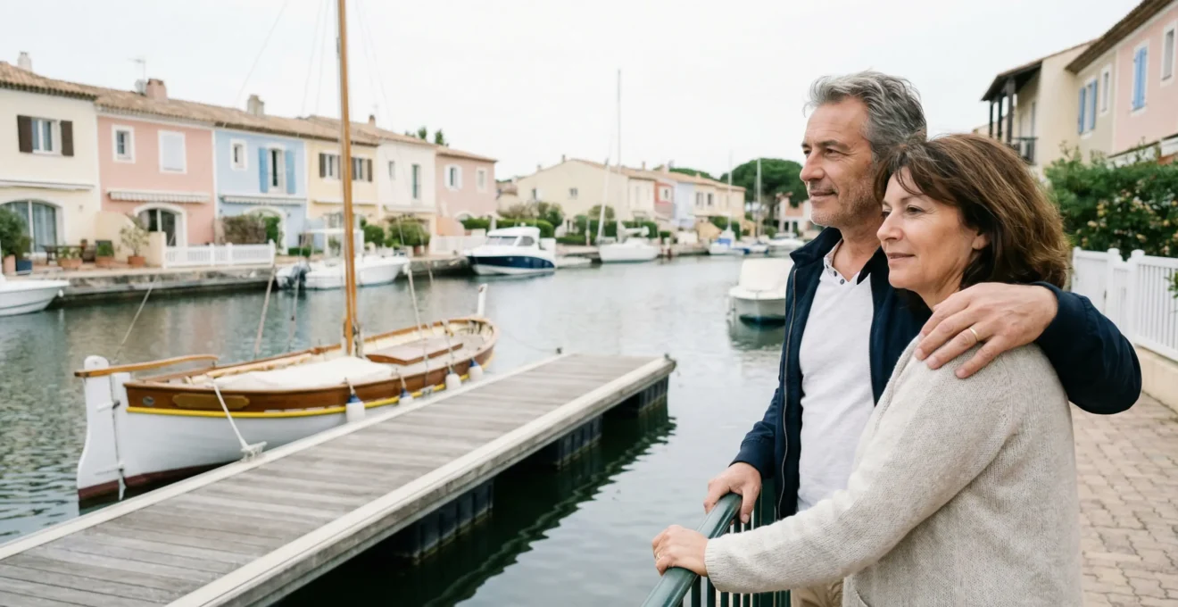 Couple observant un ponton et bateau amarré à Port Grimaud
