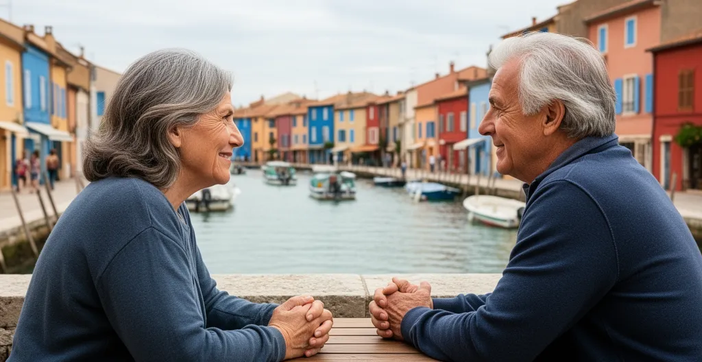 Couple mature discutant sur une terrasse avec vue sur les canaux de Port Grimaud