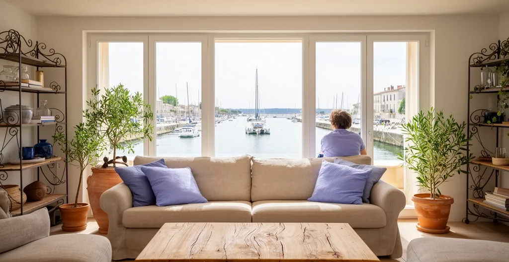 Salon lumineux d'un appartement de standing à Port Grimaud avec baies vitrées sur canal