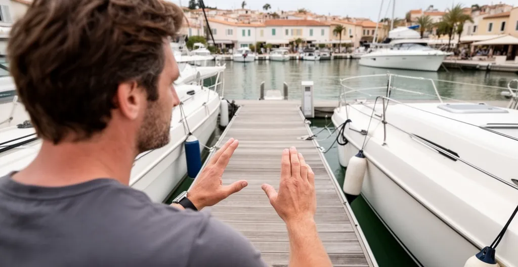 Personne évaluant l'espace d'amarrage depuis un ponton à Port Grimaud