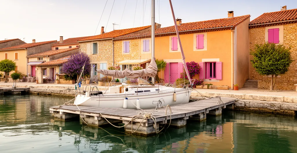 Ponton privé avec bateau amarré devant une maison provençale à Port Grimaud