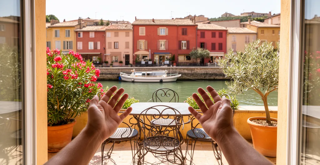 Terrasse d'une maison de prestige à Port Grimaud avec vue sur le canal et ponton privé
