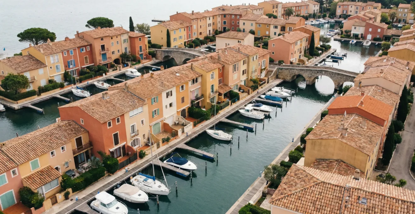 Vue aérienne de la cité lacustre de Port Grimaud avec ses maisons colorées le long des canaux
