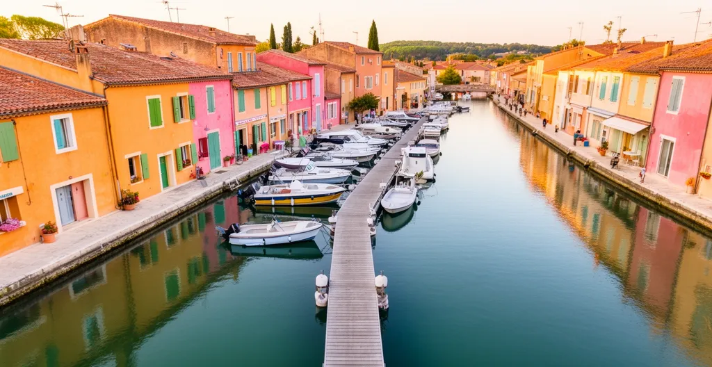 Vue panoramique des canaux de Port Grimaud avec maisons provençales et bateaux amarrés