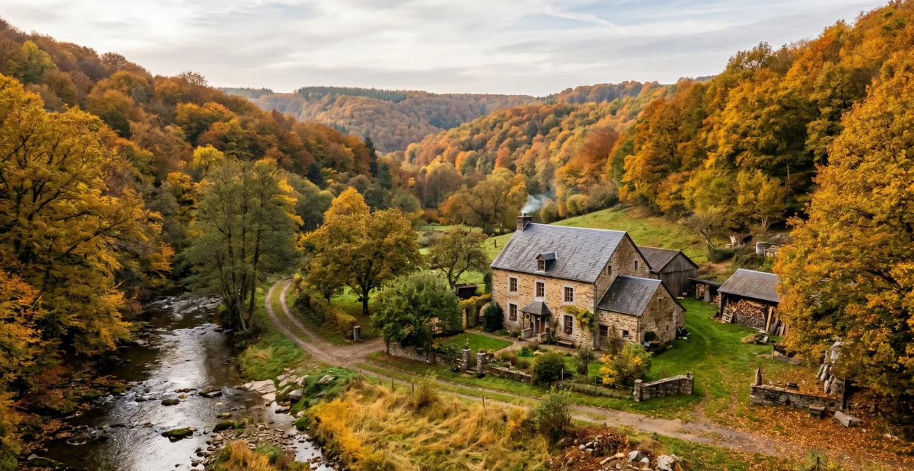 Fermette en pierre naturelle nichée dans une vallée ardennaise boisée en automne, entourée de forêts denses et d'un ruisseau