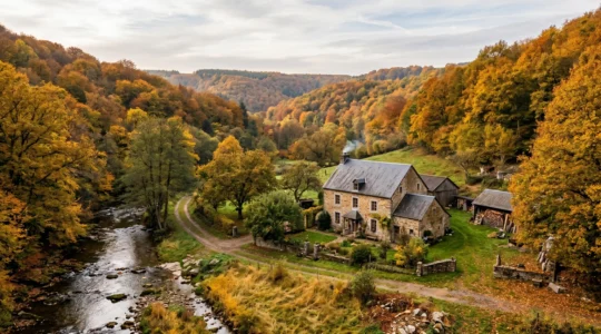 Fermette en pierre naturelle nichée dans une vallée ardennaise boisée en automne, entourée de forêts denses et d'un ruisseau