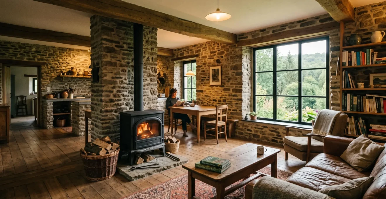 Intérieur rénové d'une fermette ardennaise avec murs en pierre apparente, poutres en chêne et grande fenêtre donnant sur forêt
