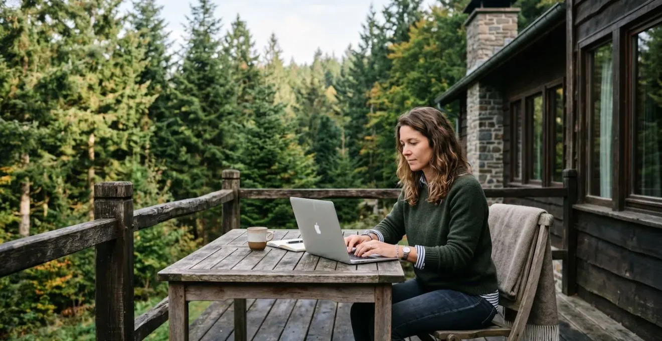 Professionnel en télétravail installé sur la terrasse en bois d'un chalet ardennais avec vue sur une forêt de conifères