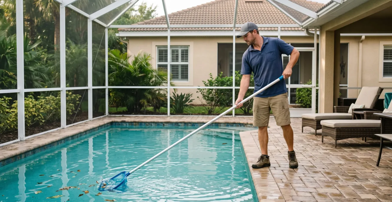 Un technicien nettoie la surface de la piscine privée d'une townhouse en Floride.