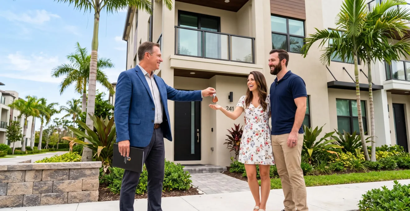 Un agent immobilier remettant les clés d'une townhouse en Floride à un couple d'investisseurs devant la maison.