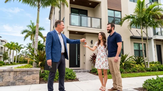 Un agent immobilier remettant les clés d'une townhouse en Floride à un couple d'investisseurs devant la maison.