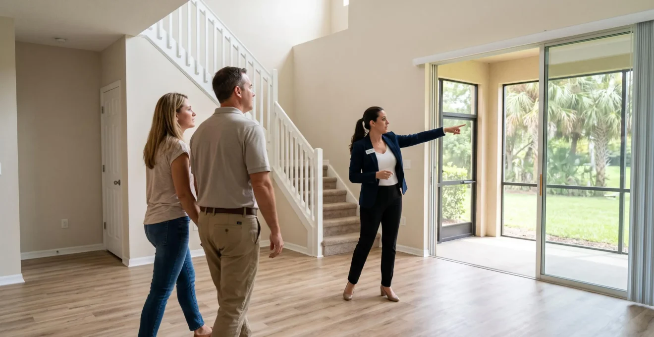 Un couple visitant le salon vide d'une townhouse près d'Orlando avec un agent immobilier.